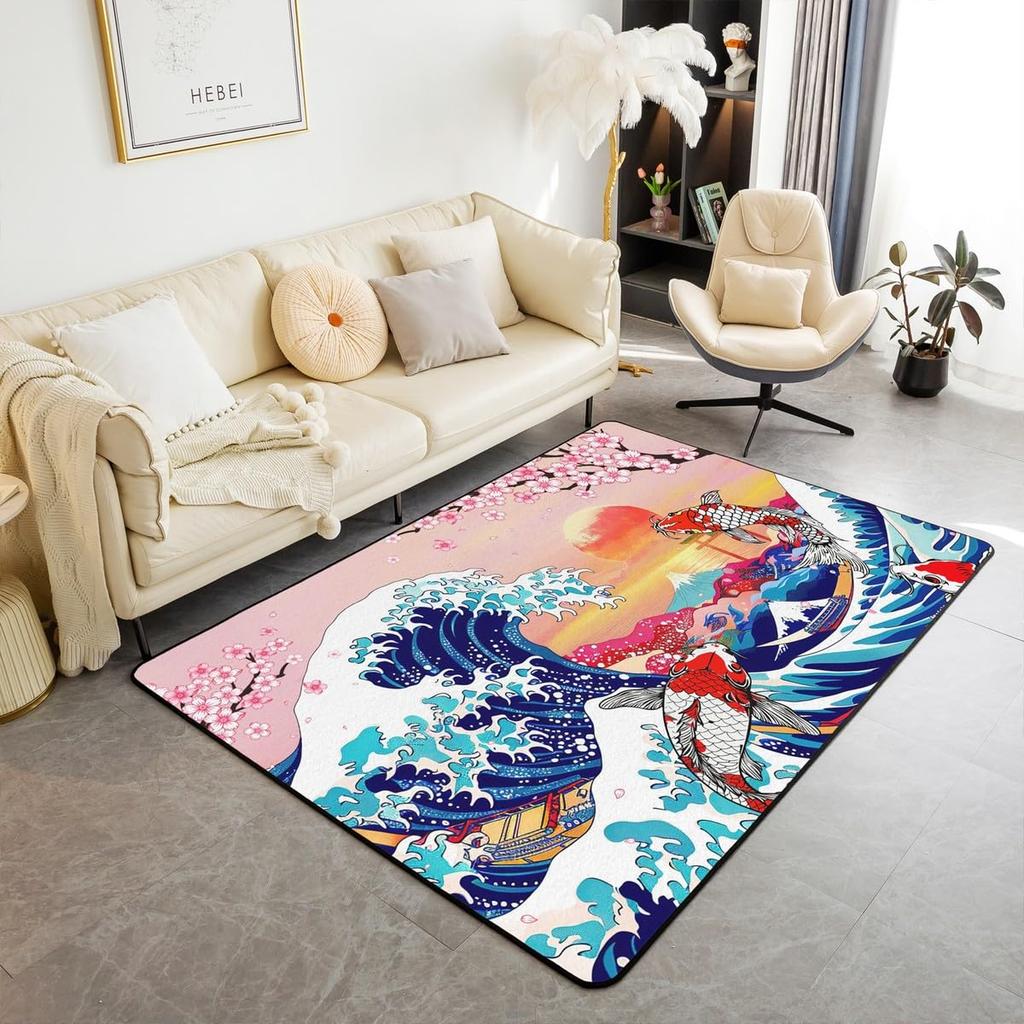 Japanese Samurai & Red Maple Print Area Rug, Non-Slip Floor Mat for Living Room Bedroom, Warrior Design Home Decor Carpet