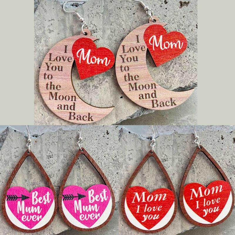 1 Pair 2023 Cut Wooden MOM I LOVE YOU Teardrop Heart Wood Dangle Earrings for Mom Mother Day Gift Novel Wood Jewelry