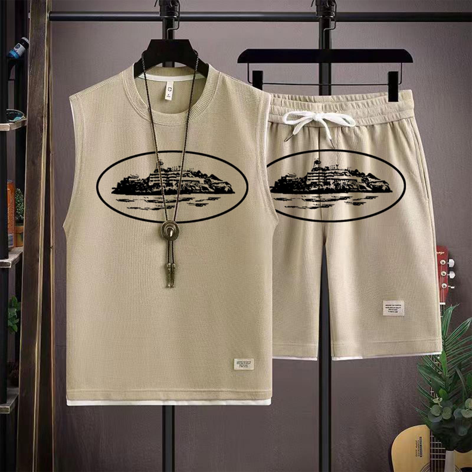 

Unisex Breathable Sleeveless Shorts Loose Pullover Two-piece Set M хакі