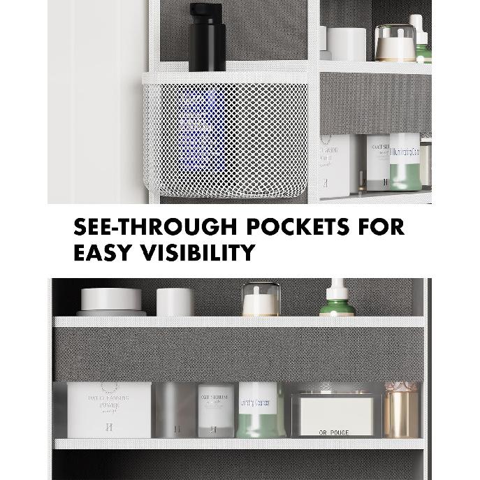 Over The Door Organizer Hanging - 6 Shelf Over Door Organizers with 6 Clear Front & 12 Side Pockets - Swing-proof 50LB Load Behind Door Storage for