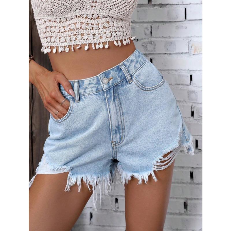 Îmbrăcăminte pentru femei INS Pantaloni casual noi cu talie înaltă, cu margini bavuri și găuri rupte, blugi și pantaloni scurți pentru femei