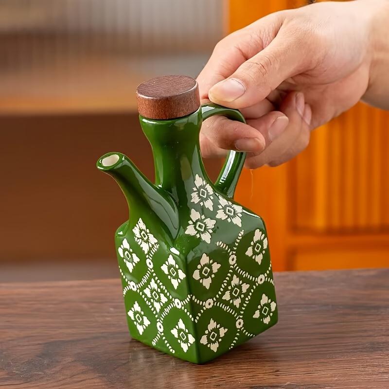 1pc Ceramic Oil Dispenser with Wooden Lid and Handle,Blue and White Porcelain Design,BPA-Free,Freezer Safe, Square Shape for Kitchen Seasoning Storage