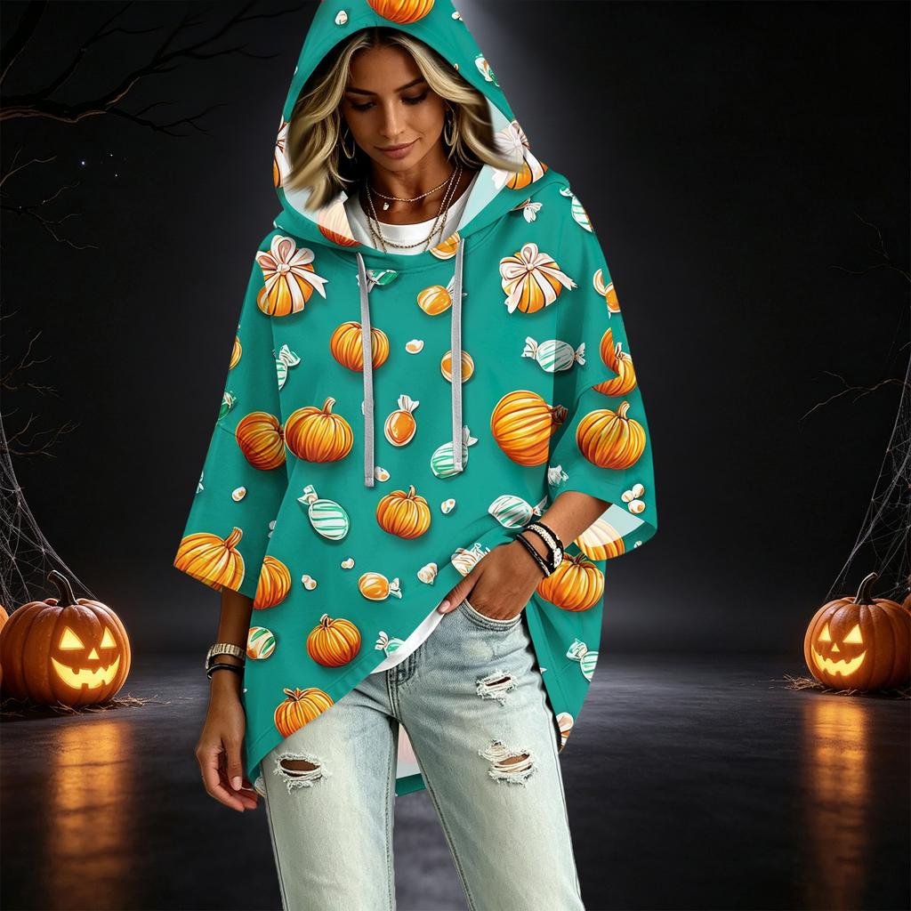 Women's Three-Quarter Sleeve Hoodie with Halloween Print Pullover Top