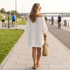 Women's Off-Shoulder Cotton Linen Midi Dress with Pockets Loose Fit Sleeves for Vacation