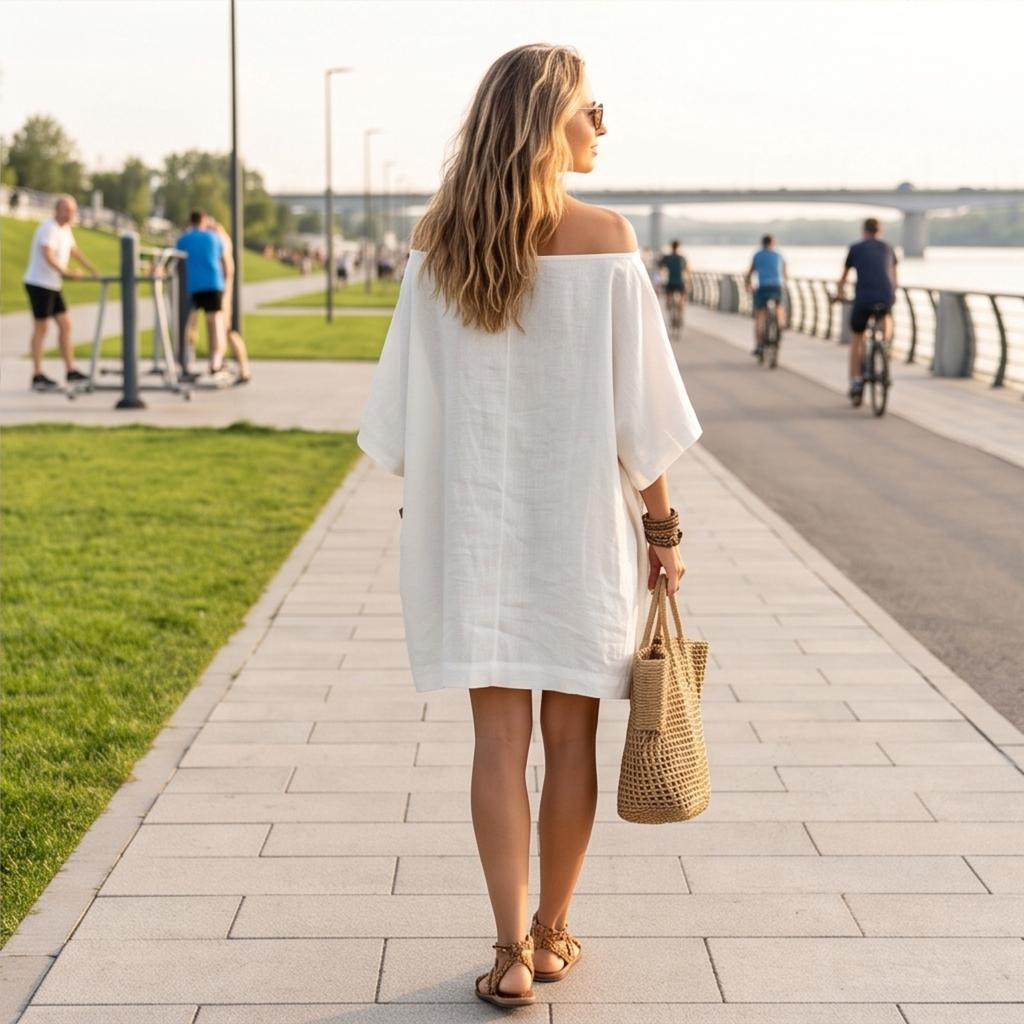 Women's Off-Shoulder Cotton Linen Midi Dress with Pockets Loose Fit Sleeves for Vacation