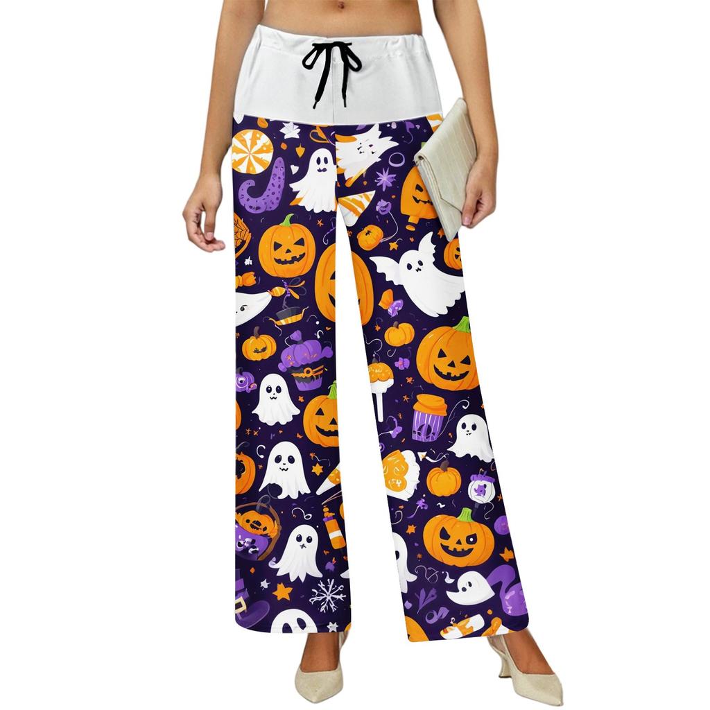 Women's Drawstring Elastic Waistband Wide Leg Color Matching Halloween Printed Casual Pants