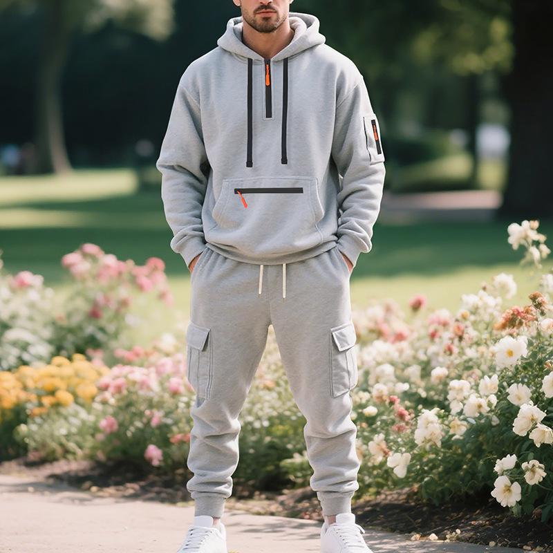 

2025 European Men s Trendy Plus Velvet Hooded Multi-Pocket Sweatshirt & Sweatpants Set Double Extra Large світло-сірий колір