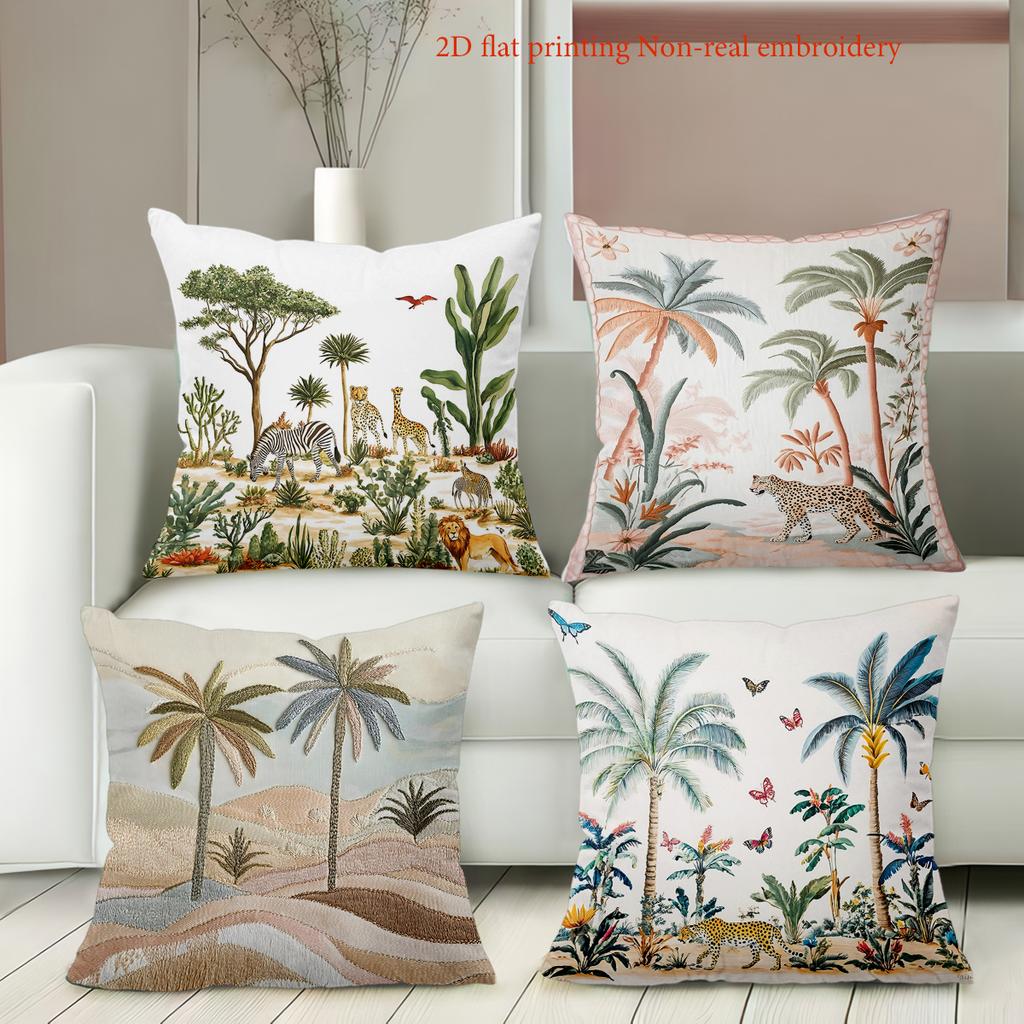 2D Flat Printing Palm Tree And Animal Pattern Cushion Covers Polyester Pillowcase, Sofa Decorative Cushion Cov Headboard Pillow