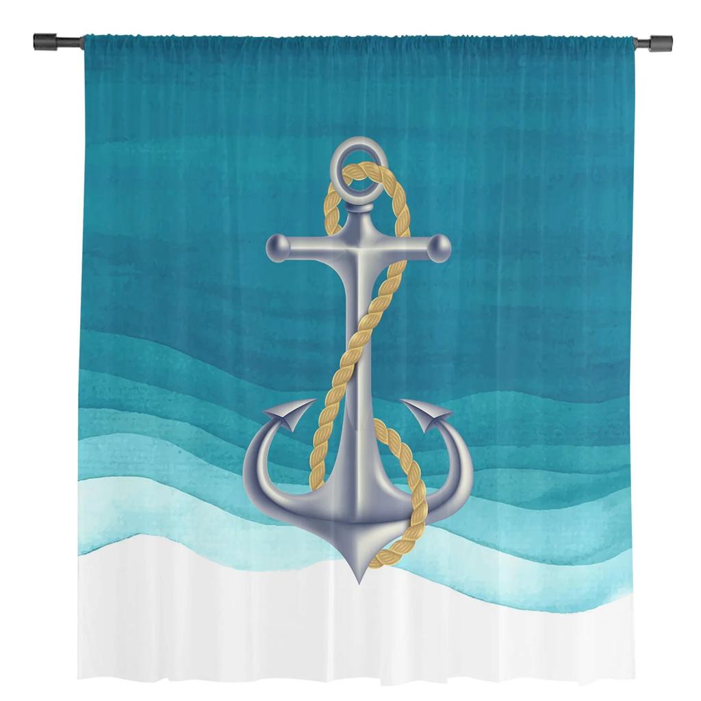 Ocean Gradient Anchor Teal Sheer Curtains For Living Room Bedroom Tulle Curtain For Kitchen Voile Curtain Blind Panels