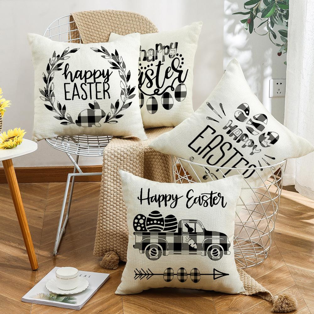 Simple Easter Pillow Cover Linen Printed Holiday Pillow Cartoon Car Pillow