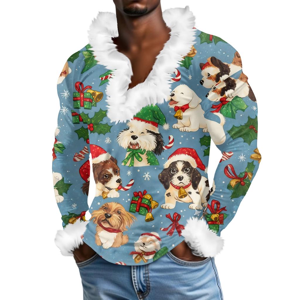 Herren Lässiges Weihnachten Bedrucktes Plüsch V-Ausschnitt und Fleece Langarm-Sweatshirt