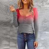 Women's Color Blocked Gradient T-shirt Women's Round Neck Pullover Button Up Long Sleeved Fashionable Slim Fit Top