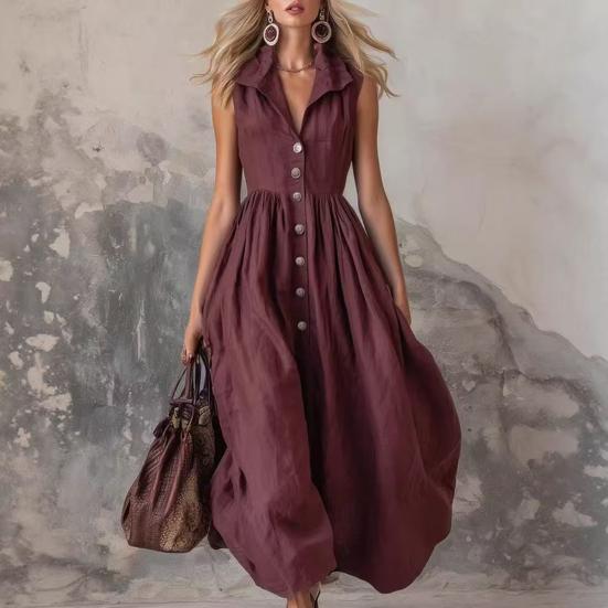 Summer Maxi Shirt Dress for Women Sleeveless Button Down Lapel Long Dress Beach Vacation A-line Flowy Sundress with Pockets