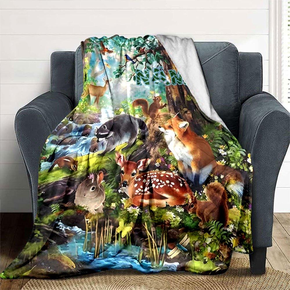 Forest Wildlife Scene Home Customize Your Name Blankets Soft Cozy Lightweight Versatile For All Seasons Perfect For Picnics Sofa Office Bed Living