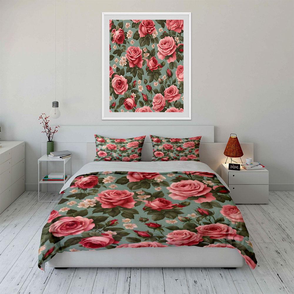 Pink Roses With Green Leaf Background Duvet Cover Set With 3D Printing Design Soft Polyester Bedding Set All-Season Comfort