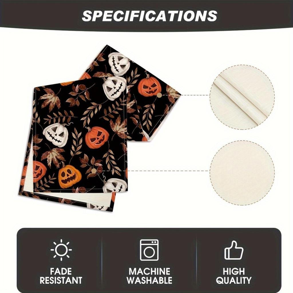 1pc Linen Polka Dot Pumpkin Ghost Table Runner, Halloween Farmhouse Indoor Kitchen Dining Decor, Home Party Tablecloth, Woven Cover, Rectangular Shape