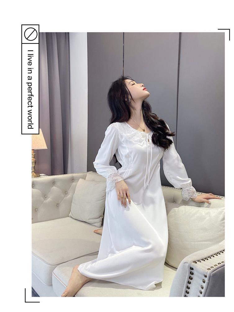 Cămașă de noapte lungă pentru femei din mătase de gheață cu garnitură de dantelă - Primăvară/Toamnă