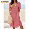 IHUASU Fashion Summer Spring Short Sleeve U-Neck Casual Dresses