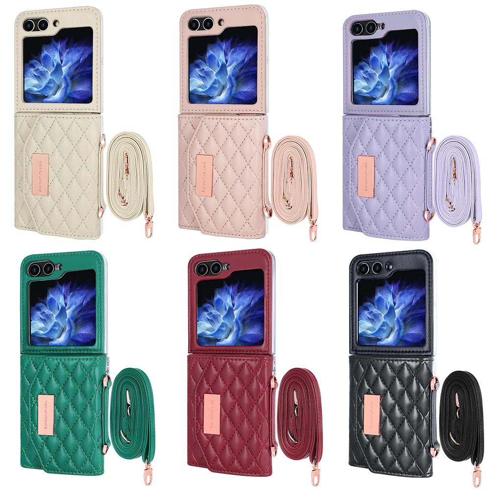 Lanyard Cards Solt Leather Wallet Case for Samsung Galaxy Z Flip 6 5 4 3 5G Flip6 Flip5 Strap Diamond Triple Fold Purse Cover