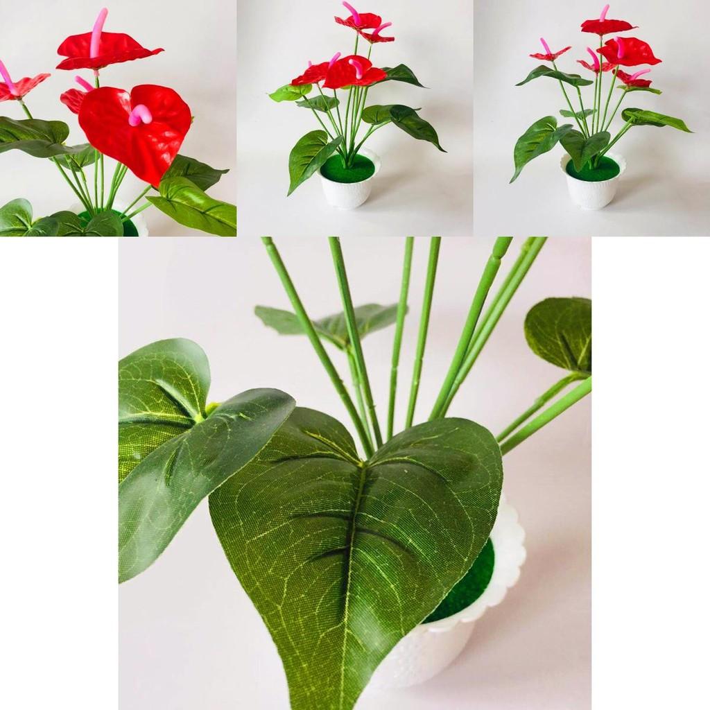 Faux Red Anthurium Plant With Realistic Leaves For Outdoor And Photography Props