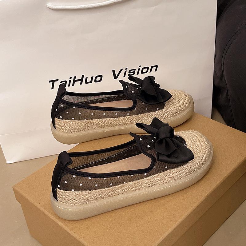 Fisherman Shoes Women's 2025 Summer New Korean Version Mesh Bow Flat Shoes Straw Woven One Pedal Lazy Single Shoes Women