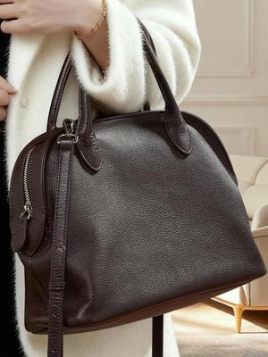 Borsa Bowling Minimalista Retrò da Donna - Borsa a Mano Tote in Guscio di Pelle di Vacchetta Vera