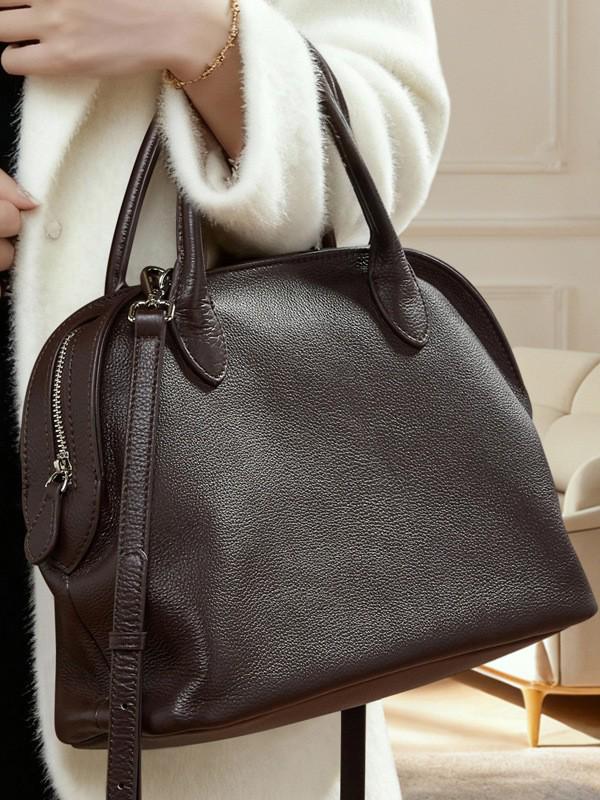 Retro Minimalist Women's Bowling Bag - Genuine Leather Cowhide Shell Handbag Tote