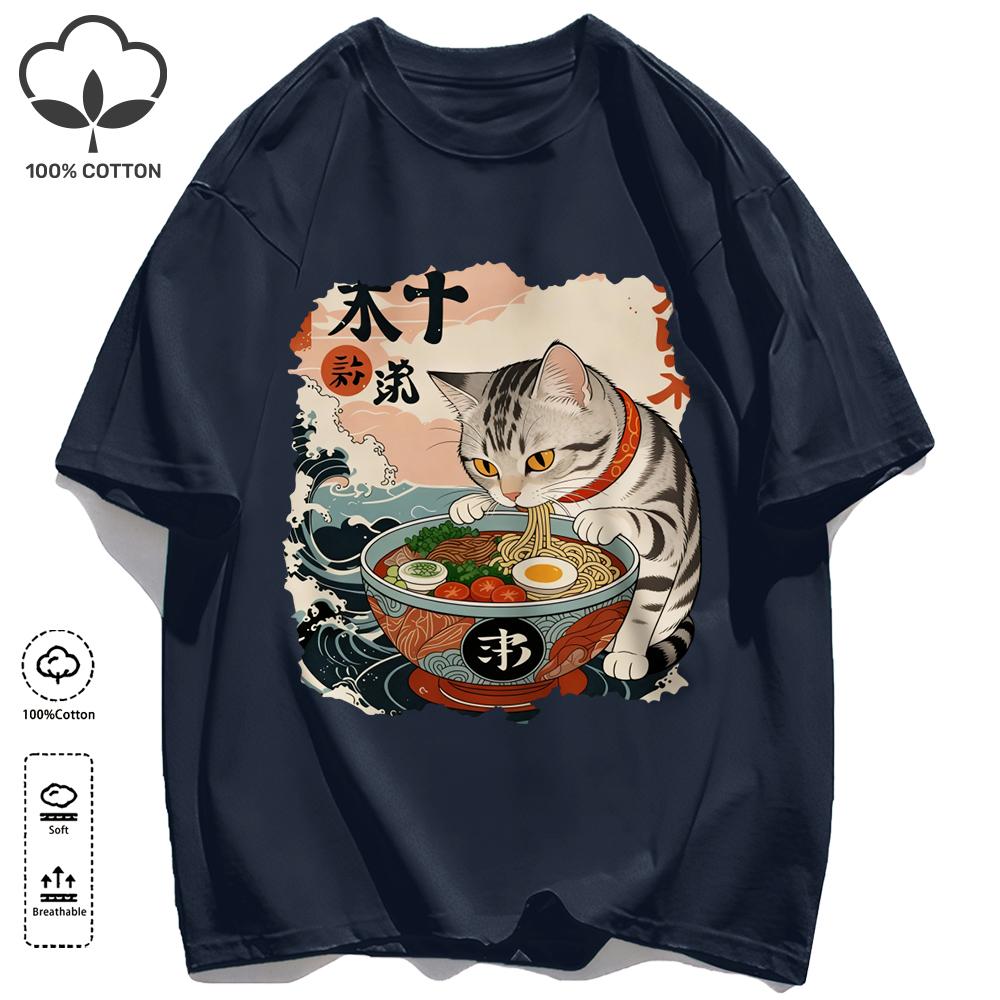 A Cat That Likes To Eat Noodles Print T Shirt Unisex Casual Loose Short Sleeve Summer Soft Clothing O-Neck Unisex Cotton Tee