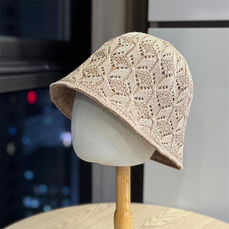 Rhombus Grid Knitted Headgear Women's Summer Breathable Face Small Versatile Sun Hat Travel Bucket Hat Leisure