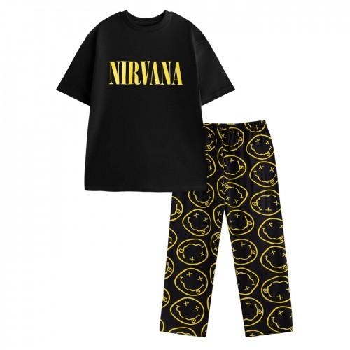 Nirvana Mens Logo Short-Sleeved Long Pyjama Set