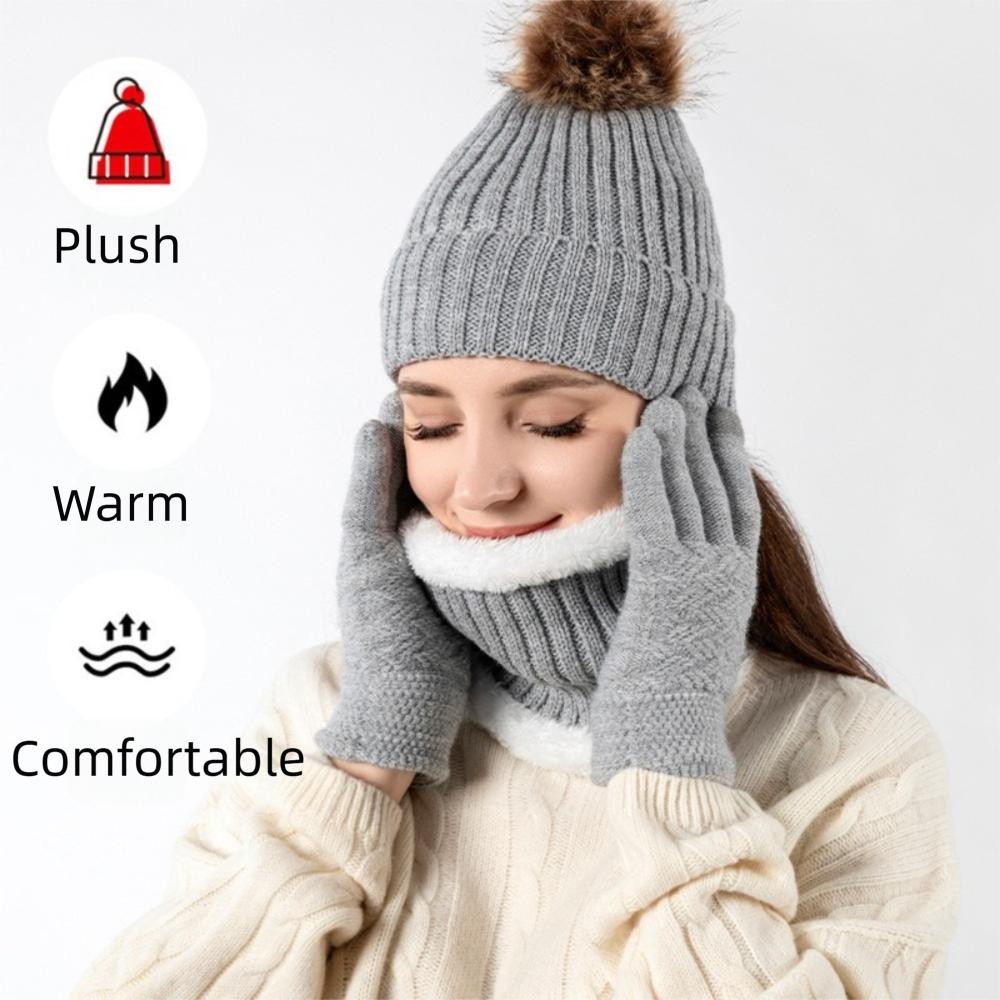 3Pcs/Set Plush Lining Knit Beanie Snood Set Warm Scarf Neck Warmer  for Men Women