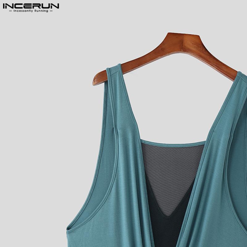INCERUN Mens Deep V Mesh Patchwork Front Bow Short Jumpsuits Romper Bodysuits