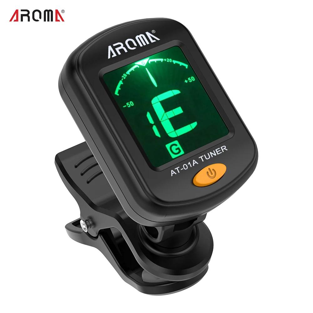 AROMA AT-01A Guitar Tuner Rotatable Clip-on Tuner LCD Display for Chromatic Acoustic Guitar Bass Ukulele Black Guitar Parts