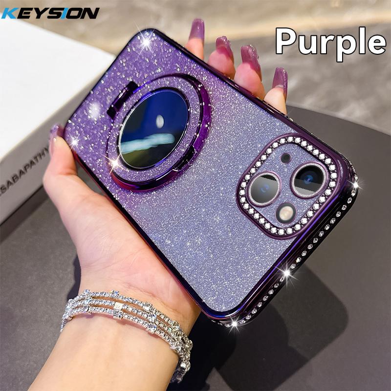 KEYSION Luxury Glitter Jewelled Magnetic Phone Case for iPhone 13 14 Pro Max Makeup Mirror Ring Stand Shockproof Back Cover