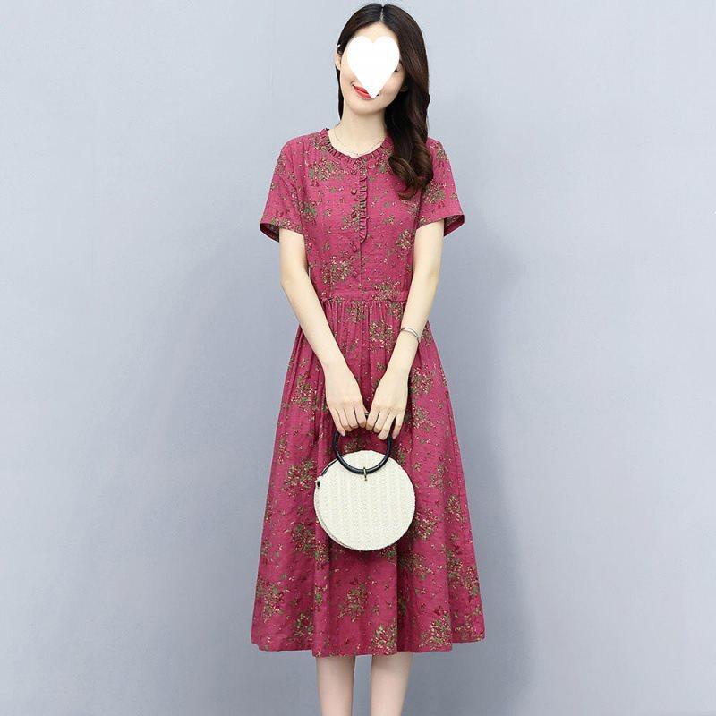 Cotton Linen Floral Midi Dress With Ruffle Details For Summer Streetwear