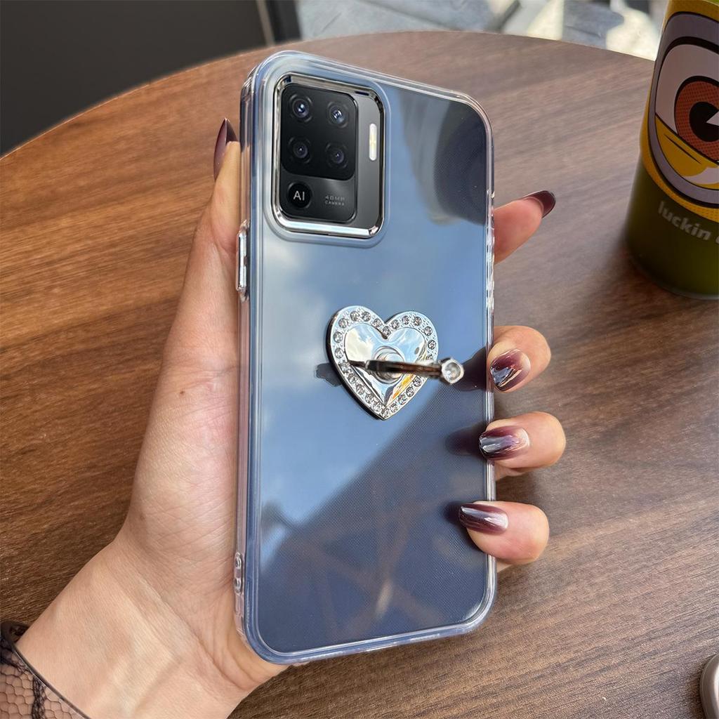 Luxury Bling Rhinestone Heart Ring Bracket Clear Phone Case for OPPO Reno5 Lite,A94 4G Stand Cover