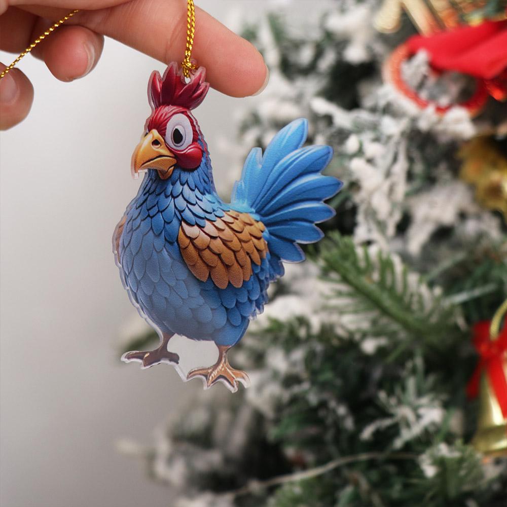 12-style 2D Flat Rooster Pendant Cute Acrylic Christmas Rooster Ornament Cartoon Car Chicken Pendants Xmas Tree Decor