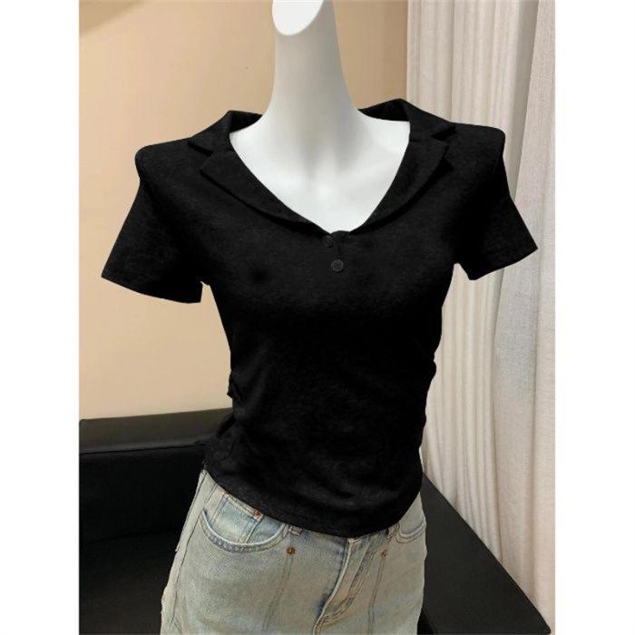 Cotton Ribbed V-neck POLO Shirt Short-sleeved T-shirt Women's Summer Slim Fit with Short Pleated Waist Half-sleeved Top Tide
