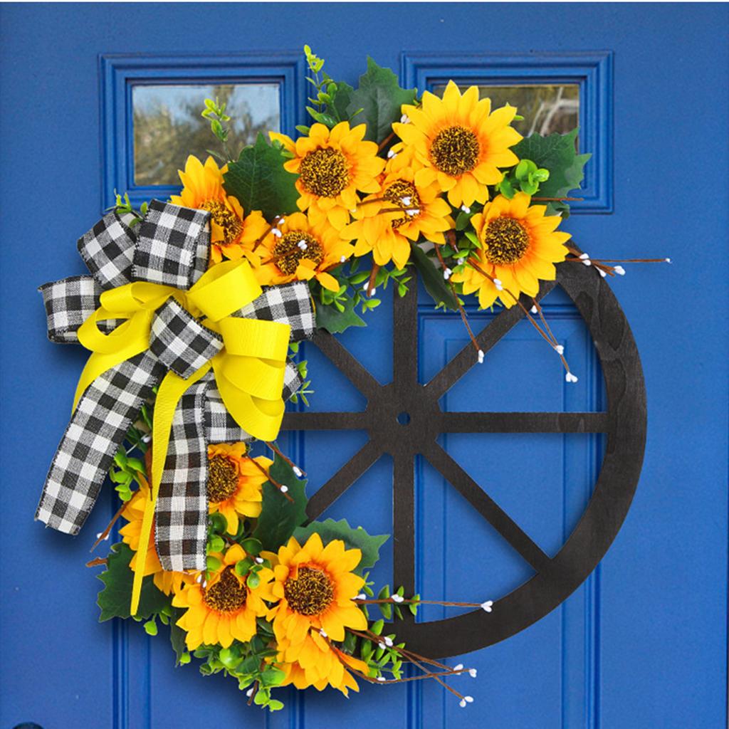 Słonecznikowa Girlanda z Kokardek Ozdoby Sztuczny Kwiat Drewniane Koło Wiszące na Drzwi Dekoracja Ścienna