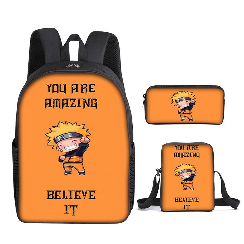 Naruto Naruto Rucksack Dreiteiliges Set, Schulranzen für Grund- und Sekundarschule, Umhängetasche, Messenger Bag, Federmäppchen.