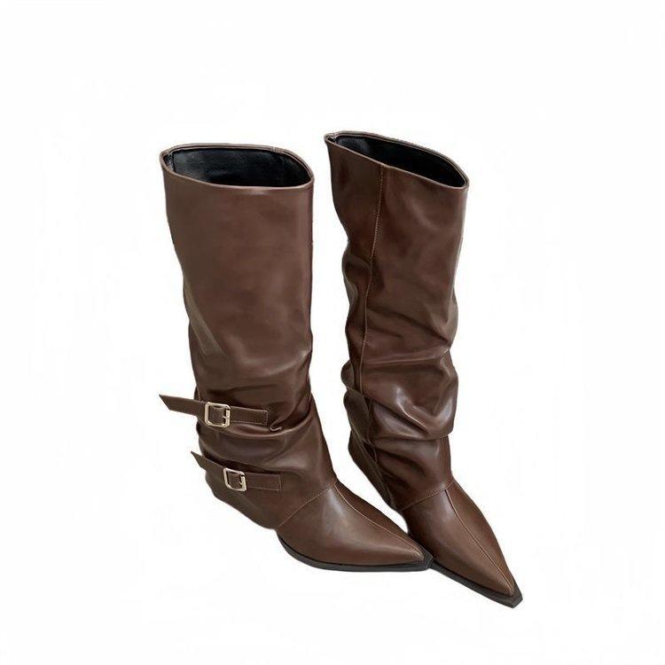 Pointed buckle pleated pile boots thick heel punk style knight boots fried street hot girl high heel boots