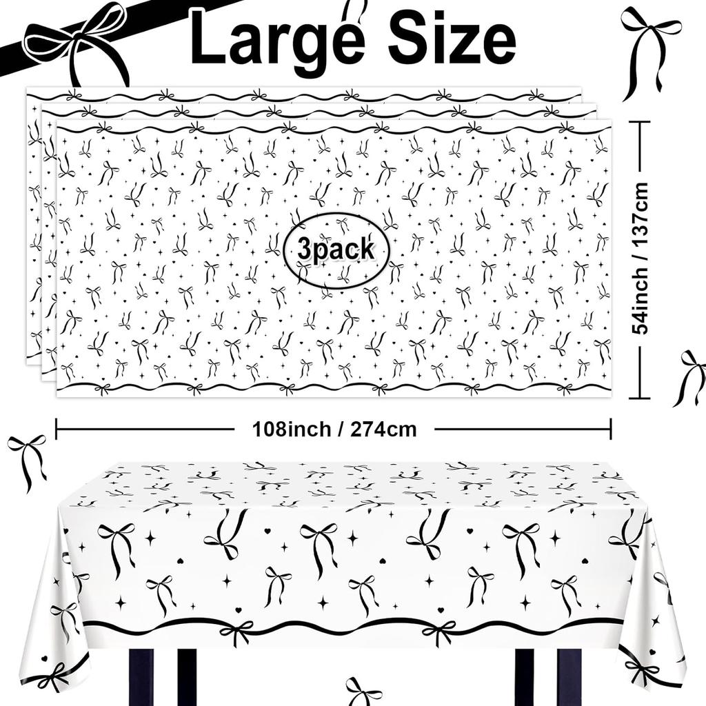 Avezano 3 pcs Black Bow Tablecloths 108 x 54 inch Bow Birthday Decorations Black and White Coquette Plastic Table Cover Disposable Bachelorette Party