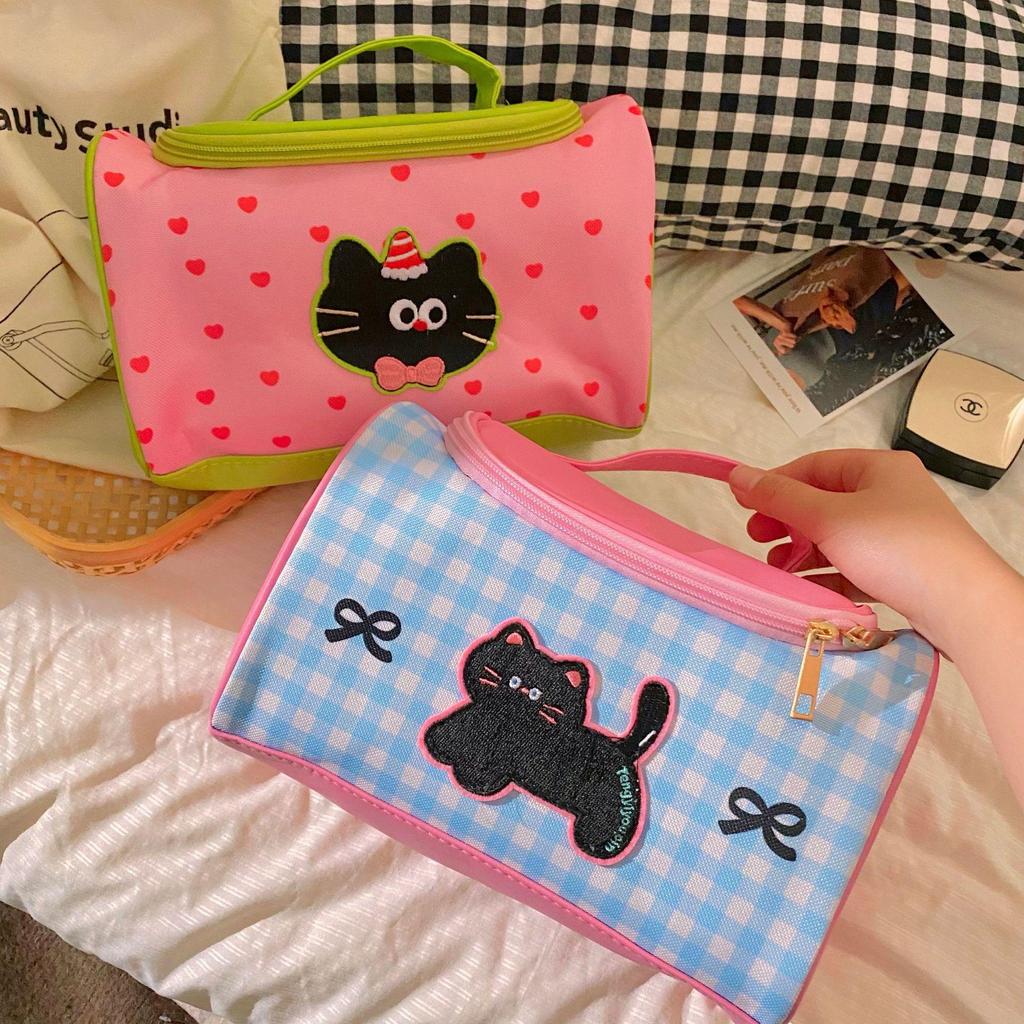 2024 New Large Capacity Cute Cartoon Kitten Cosmetic Bag for Women - Portable Skin Care Storage