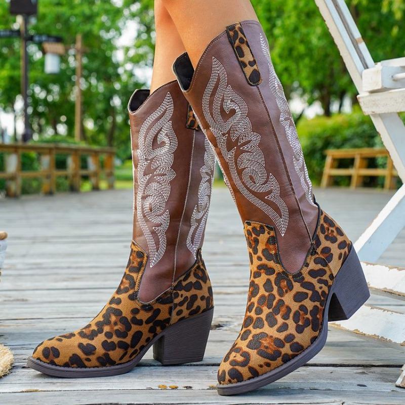 Women's Mid-Calf Boots Classic Embroidered Western Cowboy Boots Leopard Print Design Thick Heeled Boot Knee High Boots for Women
