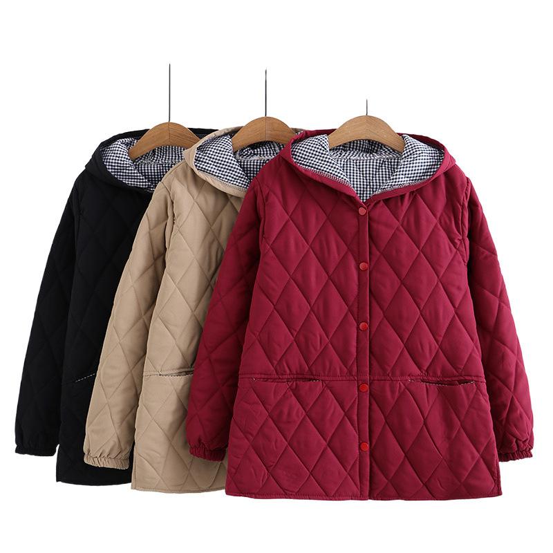 Autumn Winter Plus Size Parkas Women Clothing Loose Fit Padded Jacket Fashion Hooded Argyle Split Thin Cotton Coat