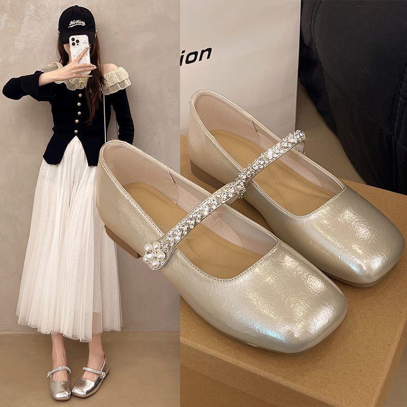French one-word with rhinestone flat Mary Jane shoes 2025 spring and summer new fashion square head shallow mouth soft sole single shoes women