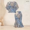 Women Plus Size Two Piece Set Round Neck Batwing Sleeve Ruffle Hem Top Black Gold Printed Fishtail Skirt