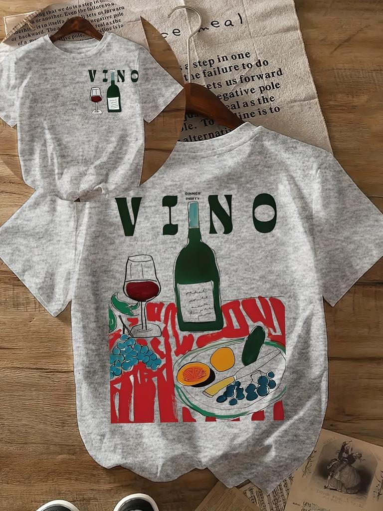 With A Fruit and Wine Pattern Printed Tshirt for Women SpringSummer Fashion Trend Top Neutral Short Sleeve Comfortable Tshirt