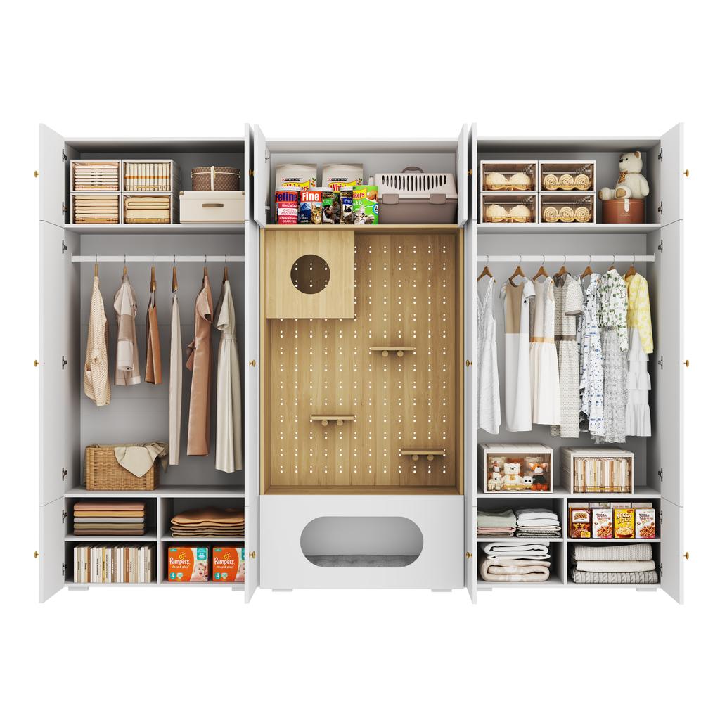 Wardrobe Set, Pet Cabinet, 270 x 50 x 200 cm, with Clothes Rail and Cat Climbing Wall, for Bedroom, Living Room and Hallway, White+Wood Look