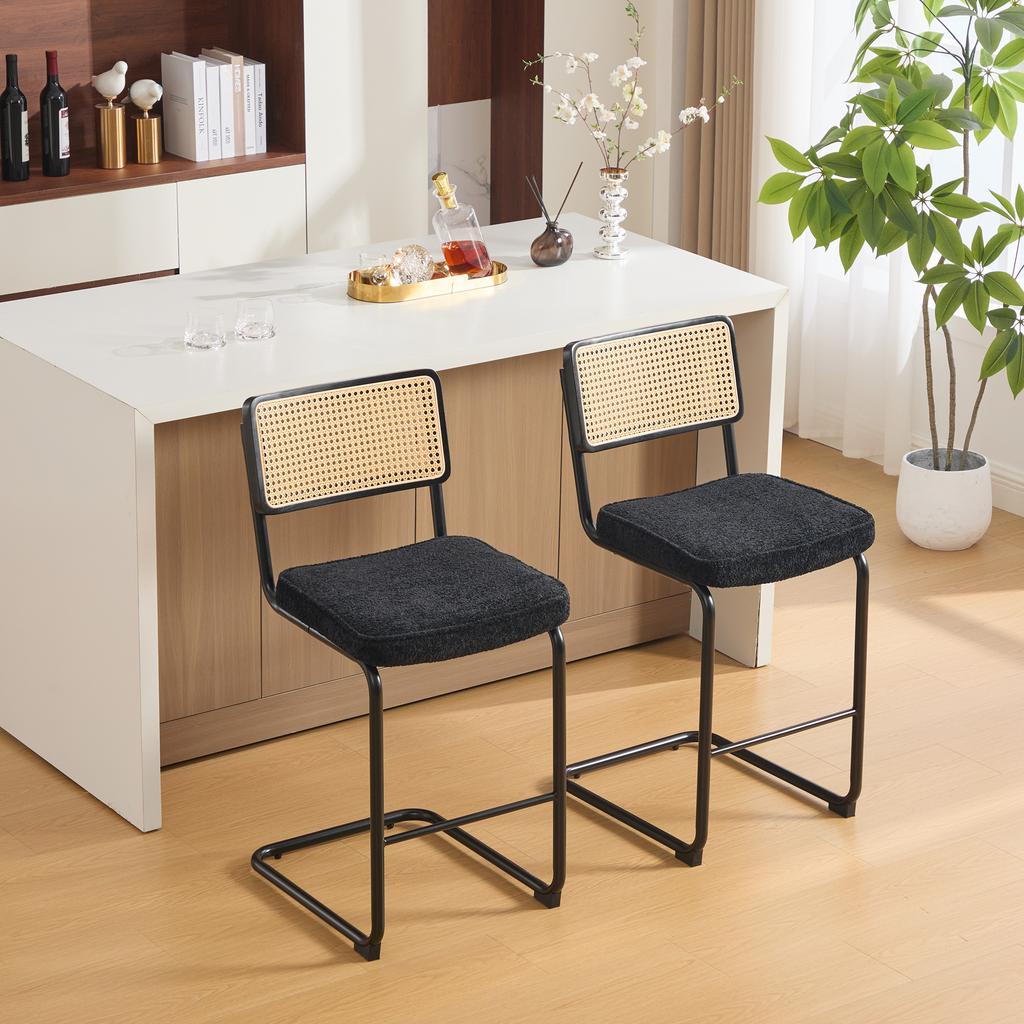 Modern Bar Stool, High-Gloss Design, 2 Chairs per Pack, Chenille Fabric Seat, No Armrests, Backrest with Rattan Look, Coated Metal Legs.-Black